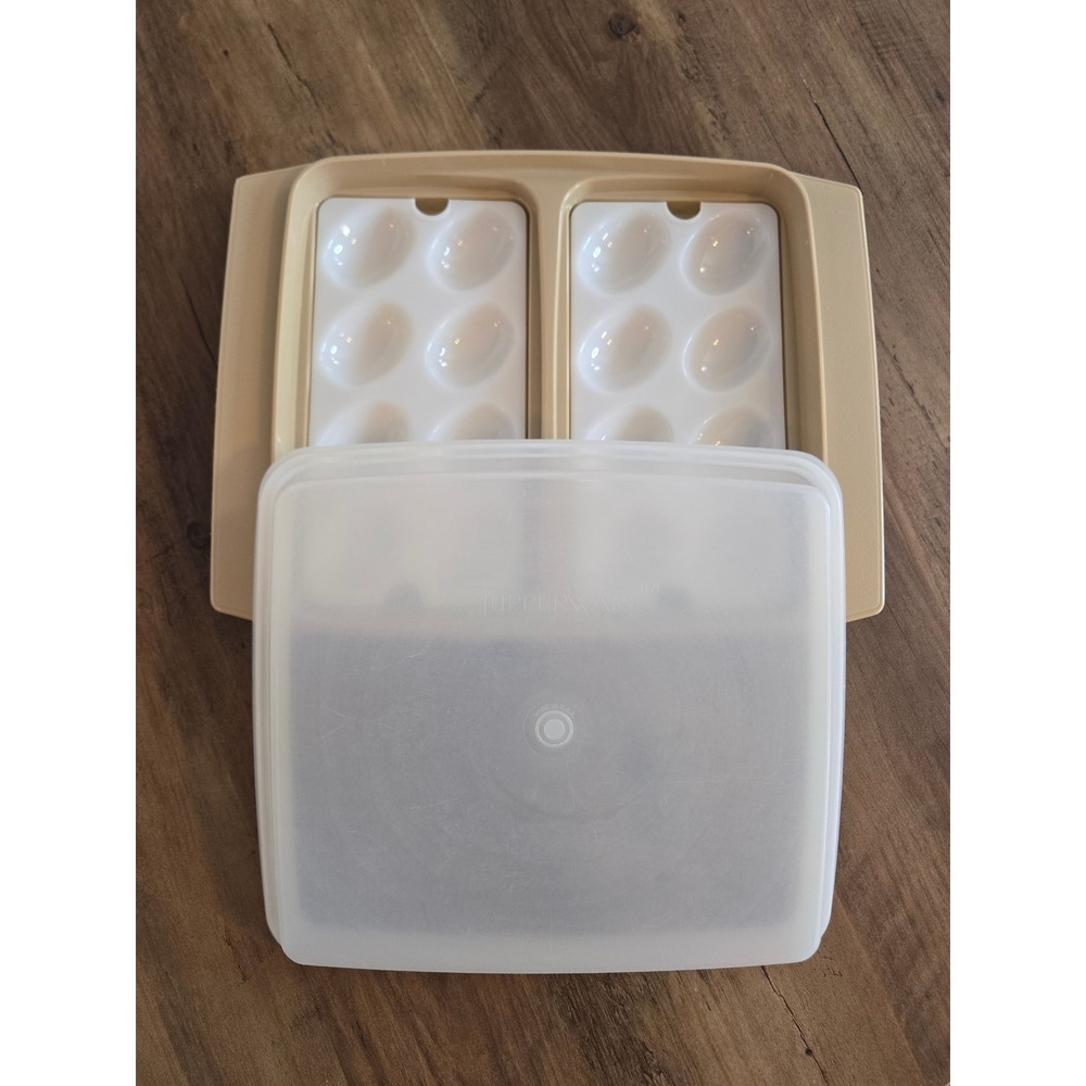 Vintage Tupperware Deviled Egg Carrier Almond Beige 723-3 Tray 724-4 Inserts Lid